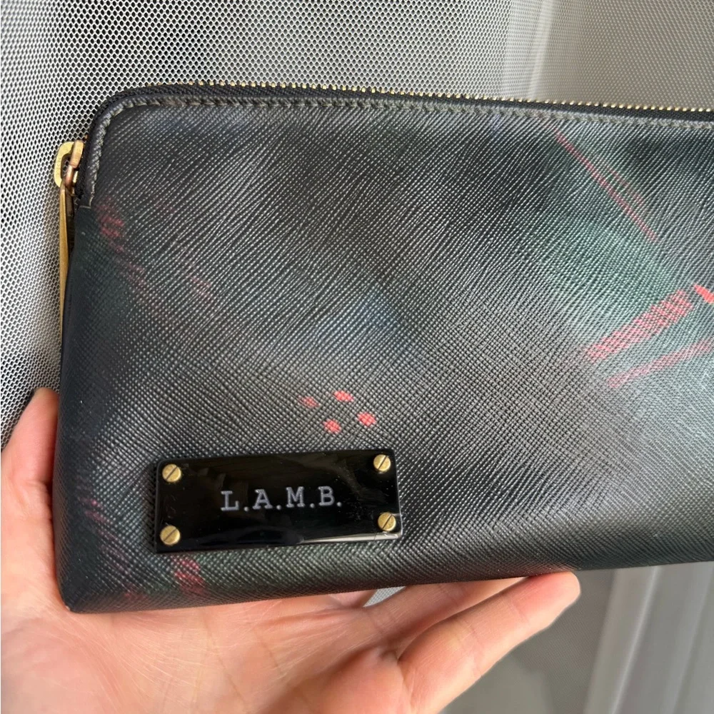 L.A.M.B. Navy Tartan Plaid Print Top Zip Logo Cosmetic Bag Clutch, GENTLY USED‎